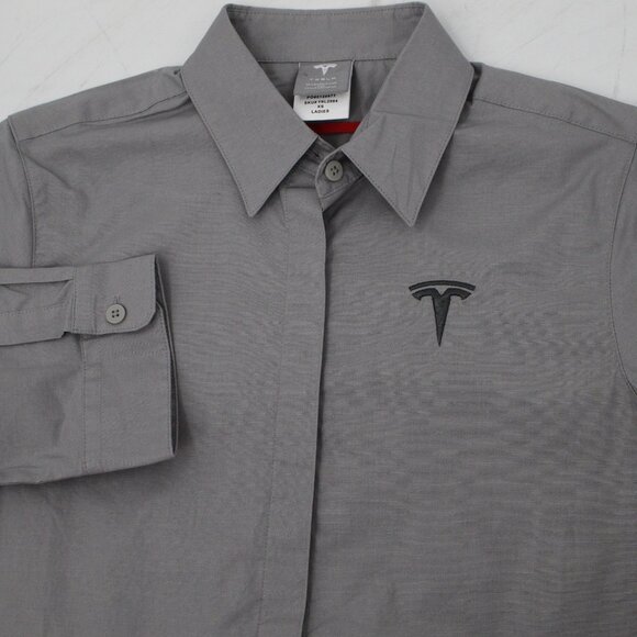 Tesla Shirt Womens XS Button Up 3/4 Sleeve Embroidered Logo Gray solid preppy - Picture 14 of 14